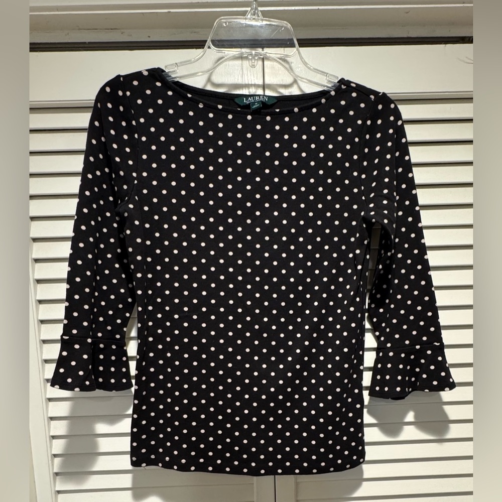 Lauren Ralph Lauren—Black/Off-White Polka Dot Top, M, 3/4 Bell Sleeves
